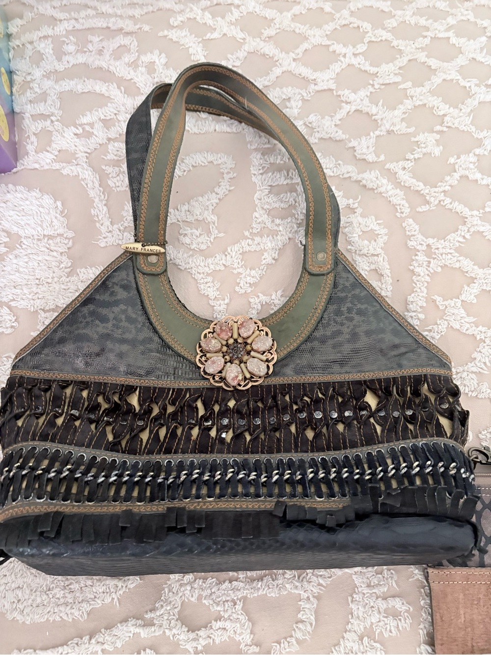 Mary Frances Olive Green and Black Beaded Fringe Shoulder Bag